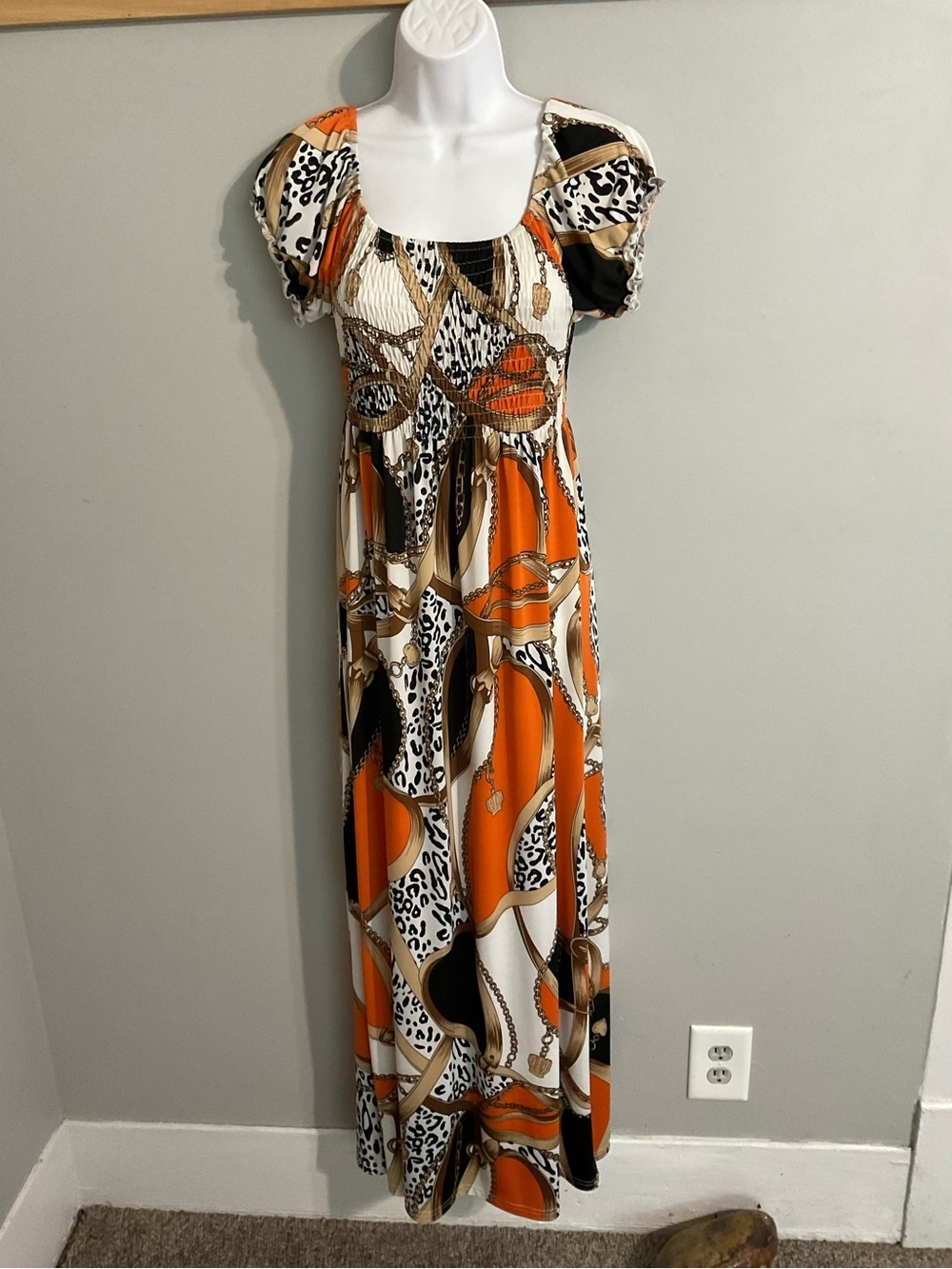 X.Y.D. Equestrian Print Smocked Puff-Sleeve Stretchy Maxi Dress M/L